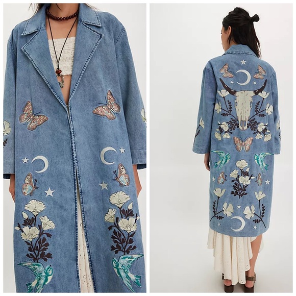 Free People Jackets & Blazers - Free People Denim & Bone Buffalo Denim Duster Butterfly Floral Embroidered Sz‎ L